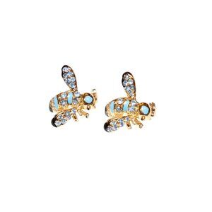 Bee Rhinestone Brooch Pins Gold-Tone With Blue Accents